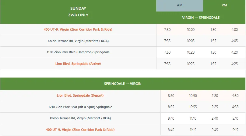 Sunday shuttle schedule